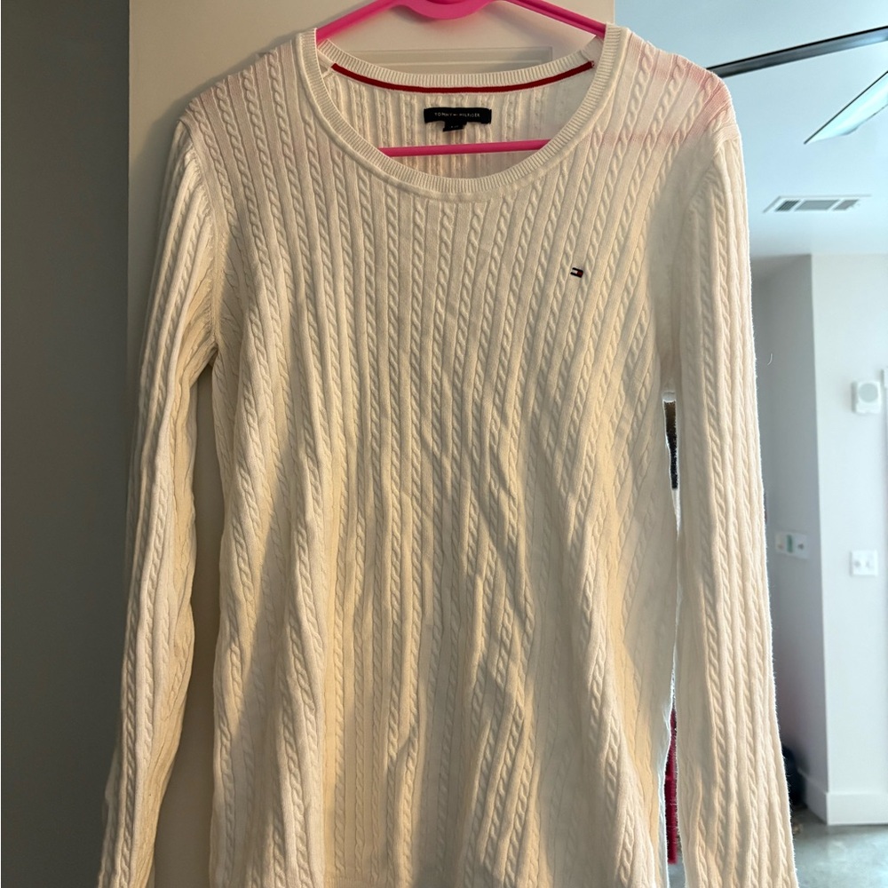 Tommy Hilfiger White Cable Knit Sweater with Red Trim